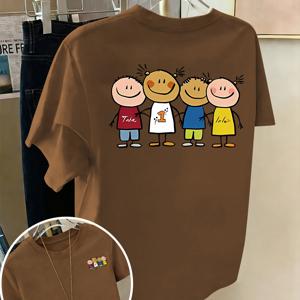 앞뒤 프린트 반팔 티셔츠 - 데이, 우정 패션 프린트 - 여성용 봄/여름 트렌디 프린트 티셔츠, 패셔너블 단품