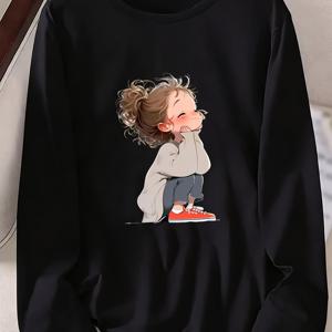 여성 캐주얼 이지 긴팔 티셔츠, 팔꿈치에 앉아 있는 만화 캐릭터 귀엽고 발랄한 스타일, 루즈핏 캐주얼 데일리 웨어, 신상 풀오버 베이스 레이어 스포츠 캐주얼 여성 의류