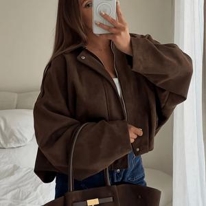 여성 캐주얼 스트리트 스타일 라펠 재킷, 레트로 긴팔 지퍼 루즈 코트
