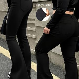 여성용 하이웨이스트 플레어 팬츠, 신축성 있는 통기성 원단, 스트리트 엘레강스 Y2K 모던 스타일, 슬림핏 이미테이션 데님 바지 - 여름 데일리웨어용, 빈티지 캐주얼 파티 스타일 여성용 긴 바지 데님