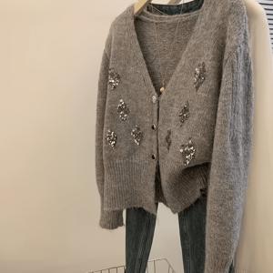 여성 의류 1pc, 봄 가을 조기 가을, 데일리 출퇴근, 연회 파티, 생일, 라이트 럭셔리 소셜라이트 스타일, 라이트 그레이 잎사귀 스팽글 장식, V넥 루즈 롱 슬리브, 숏 웨이스트 시니칭 가디건