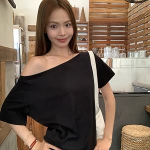 여름 Y2K 캐주얼 패션 루즈핏 다용도 솔리드 컬러 원숄더 반팔 티셔츠 여성 오프숄더 탑