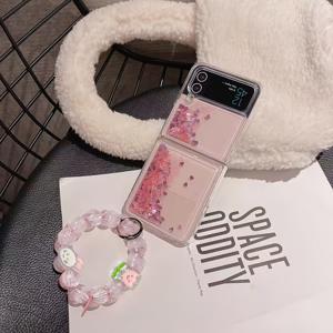 퀵샌드 휴대폰 케이스 / 핑크 하트 + 핑크 토끼 구슬 스트랩 휴대폰 케이스, Z Flip 7, Z Flip 7FE, Z Flip 6, Z Flip 5, Z Flip 4, Z Flip 3용
