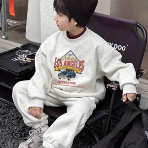 화이트 그레이 2025 신상 남아용 스웨트셔츠, 멋진 티셔츠, 긴팔 크루넥 키즈 상의