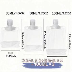 여행용 평면 파우치 8개, 샴푸, 로션, 각종 액상 화장품 수납용 리필 가능 파우치. 30ml, 50ml, 100ml 사이즈 선택 가능, 휴대성과 공간 절약형으로 여행 중 액상 세면도구 정리용으로 설계됨. 실용적인 스타일로 이동 중 뷰티 및 개인 위생용품 보관 요구 사항을 쉽게 충족