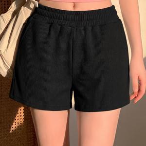 여성 솔리드 컬러 골지 반바지, 여름용 캐주얼 루즈핏 하이웨이스트 스타일
