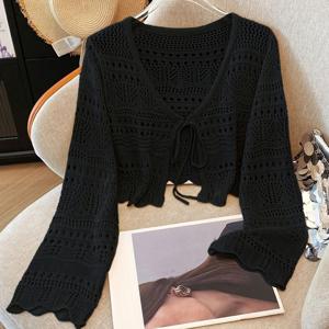 Plus Size, Plus-size Women' Color Elegant Casual Versatile Openwork Crochet La-Up Bow La Soft V-Ne Long-Sleeve Cardigan, a Stylish and Outerwear for Beach, Seaside, Vacation, Travel, and Casual