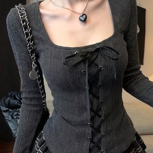 여성용 스퀘어넥 타이 업 긴팔 상의, 초가을 텍스처 슬림핏 허리 조임 바디콘 베이스 레이어, 스파이시 크로스 타이 숏 안감 티셔츠