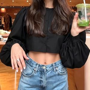 여성용 새로운 봄/가을 스타일, 우아하고 시크한 단색 라운드 넥 싱글 브레스티드 버튼 긴팔 퍼프 소매 크롭 탑, 여성용 블라우스, 데일리 출퇴근/캐주얼웨어용 활용도 높은 긴팔 셔츠, 크롭 탑, 한국인들이 구매하는 인기 가을 여성 의류, 캐주얼 셔츠, 가을 신학기 사무복