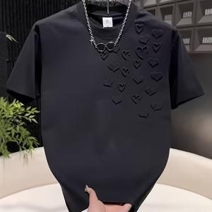 3D 엠보싱 하트 크루넥 반팔 티셔츠 남성용 루즈핏 캐주얼 다용도 단색 반팔 상의