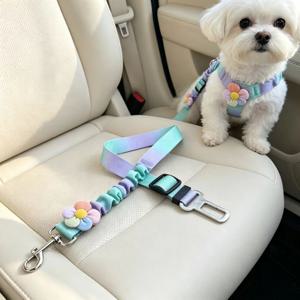 소형/중형견 및 고양이용 조절식 반려동물 차량용 안전 하네스 및 여행용 가슴줄, 그라데이션 꽃무늬가 있는 쿠션성 탄성 강아지 하네스, 차량용 가슴줄 부착용 차량 구속 시스템, 반려동물용 손세탁 가능