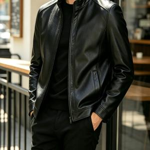 남성용 솔리드 블랙 지퍼 PU 가죽 재킷, 긴소매 스탠드 칼라 경량 방풍 비즈니스 캐주얼웨어용 다용도 상의