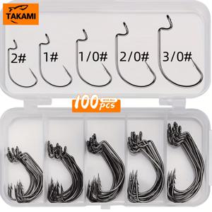 TAKAMI 낚시 바늘 세트 100개, 회전 바늘갈이 바늘 넓은 간격 오프셋 바늘, 소프트 웜 바늘 (해상 낚시, 스팀 루어, 강물 낚시 등에 적합한 5가지 모델 포함)