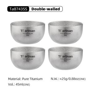 Tiartisan 순수 티타늄 45ml 미니 찻잔 4개 세트, 아이스플라워/샌드블라스팅 이중층 술잔, 보관 파우치 포함 휴대용 소형 야외 캠핑용 찻잔