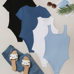 4pcs 여성용 가을 겨울 봄 여름 캐주얼 민소매 라운드넥 U넥 캐미 탱크 탑 단색 멀티 컬러 부드럽고 편안한 시어 바디수트 탑