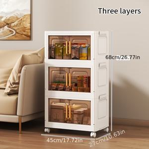 45cm 길이와 27cm 폭을 가진 접이식 수납 캐비닛. 양문형으로 구성되어 거실 수납, 주방 잡화, 간식 보관에 적합하며 이동 가능하며 책장으로도 사용 가능합니다.