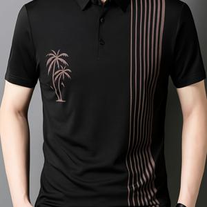 새로운 여름 남성용 줄무늬 코코넛 나무 장식 트렌디하고 패셔너블한 심플한 얇은 반팔 상의, 일상 캐주얼 외출, 휴가, 여행에 적합, 라펠 셔츠, 남성용 선물
