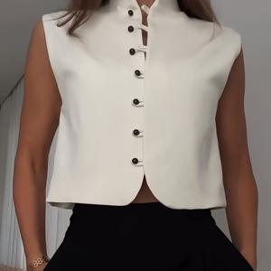 여성용 스타일리시 민소매 블라우스, 하이 칼라 디자인