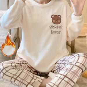 청소년용 겨울 따뜻하고 귀여운 곰돌이 잠옷 세트, 격자 무늬 플란넬 잠옷, 캐주얼하고 편안한 라운지웨어 세트, 십대용