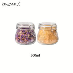KEMORELA 밀폐용기 유리병 뚜껑 세트 2개, 뚜껑 있는 유리 보관 용기, 대형 유리 통, 통조림, 밀가루, 파스타, 커피콩, 시리얼, 쌀, 피클용 줄무늬 클립 잠금 병