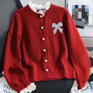 가을/겨울 신상 여성 패션 레이스 트림 버튼 프론트 카디건 리본 스웨터 코트