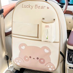 차량용 시트 등받이 킥 매트 - 귀여운 곰돌이와 토끼 프린트 수납 가방, 티슈 박스, 휴대폰 및 태블릿 홀더, 수납 파우치, 안전 시트 등받이 보호 장치, 고품질 인조 가죽 재질, 내구성이 좋고 세척이 용이함