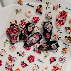 릴리프 레이저 기술이 적용된 고품질의 신선한 네일 아트 스티커, 장미, 히비스커스 등 다양한 꽃이 장식된 레트로하고 고급스러운 스타일, 개인 DIY 및 네일 살롱용으로 적합