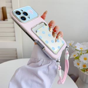 파우더 블루 폴카 도트 랜야드, 카드 홀더, 거울 디자인 휴대폰 케이스, 보호 커버, 렌즈 가드 포함 전신 낙하 방지, 스위트 girly 스타일, 아이폰 17/17 Pro/17 Pro Max/16/16 Pro/16 Pro Max/ Pro/15 Pro Max/14/14 Pro/14 Pro Max/13/13 Pro Max용