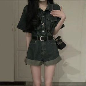여성 데님 점프수트 반팔 벨트세트 하이웨스트 숏팬츠 흑청 루즈핏 체형커버 다리길어보이는 Y2K 힙한 스트릿 바캉스룩 꾸안꾸