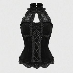 페어리코어 봄/여름 고딕 엘레강트 스탠드 칼라 벨벳 & 레이스 패치워크 타이업 허리 여성용 캐미솔
