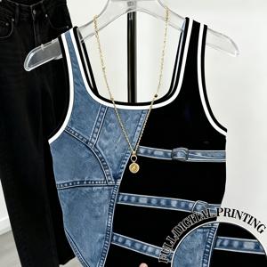 [프린트 팬츠 - 데님 원단 아님] 아메리칸 빈티지 모조 데님 프린트 여성용 민소매 크롭 탑, 슬림핏 몸매 살리는 디자인, 니치 스타일