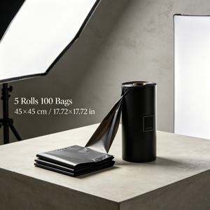 5롤 100매 블랙 경제팩 쓰레기 봉투, PE 내구성 소재, 누수 방지, 냄새 차단 및 무취. 주방, 거실, 침실, 욕실, 사무실용 다용도 일회용 비닐봉투. 할로윈, 크리스마스, 연휴 청소용으로 적합