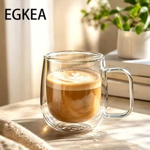 EGKEA, 1개입, 280ml, 이중 레이어 속이 빈 유리 머그, 확장형 투명 손잡이, 원형 계란 모양 바디, 고 붕규산 유리 바디, 속이 빈 단열 컵 벽, 확장된 컵 입, 두꺼운 평면 바닥. 라떼, 아메리카노, 순수 우유를 담을 수 있습니다.
