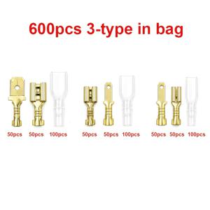 600개 2.8/4.8/6.3mm 남녀형 스페이드형 퀵 크림프 터미널 3종 세트 0-36V 황금색 절연 슬리브 포함 전선 커넥터