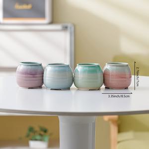 4개 세트 곡선 아이스 크랙 세라믹 소형 화분, 배수 구멍 포함, 소형 식물/다육 식물 재배에 적합, 데스크탑/발코니/야외 정원 소형 화분 장식, 정원 가꾸기 선물, 홈 데코