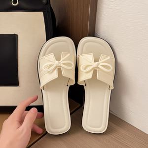 여성용 부드러운 리본 사각토 슬리퍼, 컬러 블록 플랫 야외 캐주얼 슬라이드, PVC 요정 스타일 홈 슬리퍼, 여성 신발