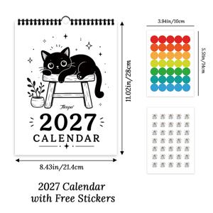 TLENPO 고양이 애호가를 위한 2027년 달력 1개 - 장난꾸러기 아기 고양이 수제 핸드페인팅 검은 고양이 벽걸이 달력, 가정/사무실/학교용 월간 플래너, 무료 스티커 포함, 크리스마스, 결혼식, 새해 선물용 (영문 버전)