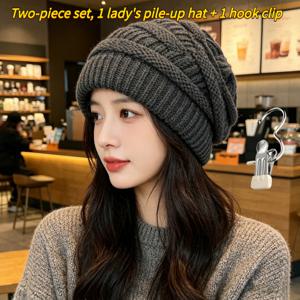 2개 세트 = 여성용 폼폼 모자 및 후크 클립, 가을/겨울 여성용 폼폼 모자, 넓은 머리둘레, 두꺼운 보온, 넓은 머리둘레 머리 덮개 모자