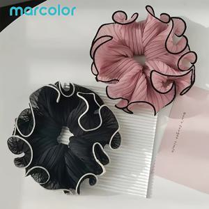 Marcolor 4색 시폰 러플 헤어밴드 2개 세트, 블랙 트림 러플 오간자 헤어후프, 우아한 Y자형 대형 헤어 타이, 블랙 엣지 러플 메쉬 스크런치, 포니테일과 번머리용 엘레강스 헤어 액세서리