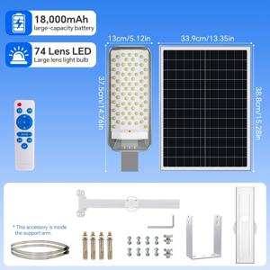 태양광 야외 조명 1개, 고출력 LED 태양광 가로등, IP65, 리모컨 포함, 18000mAh 대용량 배터리, 황혼부터 기儆까지, 고휘도 サーチ라이트, 반매입형 설치, 벽등, 안뜰등. 안뜰, 거리, 정원, 차고, 길, 파티오, 주차장 및 기타 상업용 도로 및 구역 조명에 적합