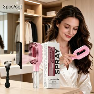 3pcs 스프레이 헤어 스타일링 세트 (클리닝 도구 포함), 2-In-1 미스트 스프레이 빗 및 스테인리스 스틸 꼬리 빗 및 헤어 리무버 스크레이퍼, 여성 남성용 정전기 방지 엉킴 방지 브러쉬, 모든 헤어 타입에 적합한 습식 건식 스타일링