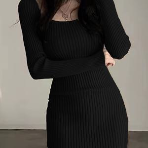가을 겨울 섹시 타이트 드레스 솔리드 라운드넥 긴팔 드레스 여성 순수 매력 스타일 핫 인너 숏 스커트 베이스 레이어 힙업 스커트