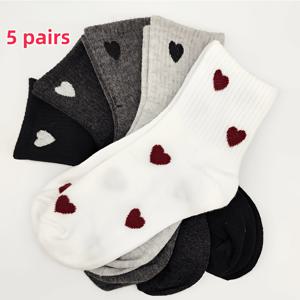 5켤레 여성용 하이카프 양말 하트 패턴, 종아리 양말 - 우아한 하트 패턴 디자인, 패브릭 하트 패턴 특징 - 부드럽고 손세탁 및 세탁기 사용 가능, 커플 양말, 캐주얼 웨어를 위한 아늑한 여성용 양말