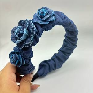 빈티지 3D 플라워 데님 헤어밴드 여성용, 우아한 플리츠 헤어 클립 헤어 액세서리, 1개