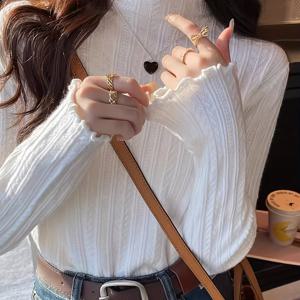 프렌치 하이넥 크로셰 플로럴 긴팔 탑 여성용 가을 슬림핏 베이스 셔츠, 젠틀 스타일 프릴 엣지 탑