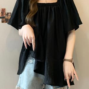 여성 쉬폰 블라우스 스퀘어넥 셔링 언밸런스 루즈핏 빅사이즈 체형커버 시원한 여름 5부 소매 페미닌 하객룩 데이트룩 출근룩