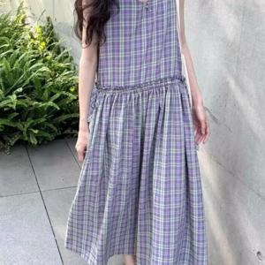 여성용 여름 위스티리아 퍼플 격자무늬 조끼 원피스 민소매 레이지 미디 스커트