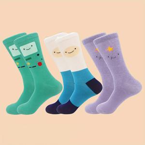 3/5켤레 여성 양말, 워너 브라더스 협력 어드벤처 시리즈 핀, 잭, 고양이 케이크 및 기타 만화 캐릭터, 상상력 넘치는 귀엽고 트렌디한 양말, 데일리룩에 적합