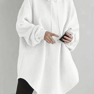 여성 솔리드 숄더-하단 롱 슬리브 루즈핏 드로스트링 스웨트셔츠