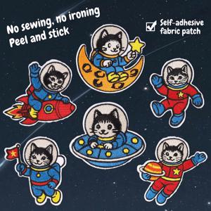 6개 멀티 컬러 귀여운 우주 고양이 접착식 자수 패치, 만화 애니메이션 DIY 자수 수공예 액세서리, 의류 장식용 액세서리 및 용품 패치, 편리한 다기능 미적 아이템, 아름다운 재봉 공예 장식 스티커, 옷, 가방, 신발, 모자, 집 장식에 적합한 내구성 있고 매력적인 패브릭 패치